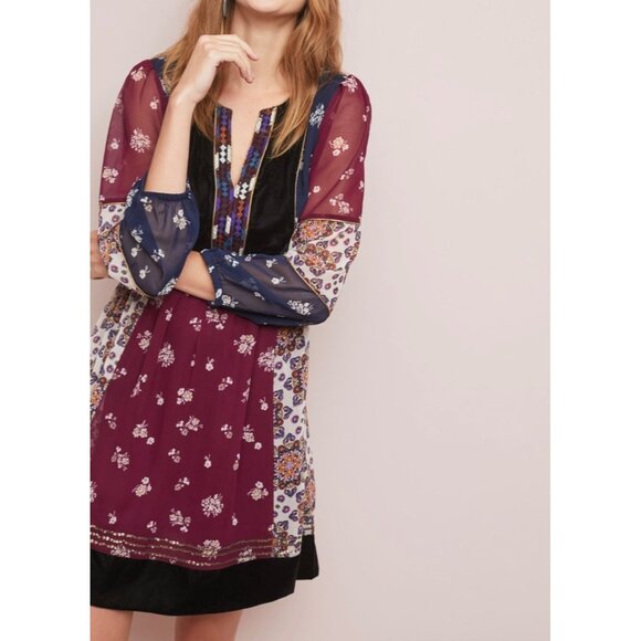 Maeve Anthropologie Quartier Latin Dress XXS Black Motif With Floral Patchwork - Picture 1 of 10
